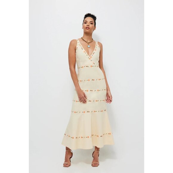 FANM MON Alanca Embroidered Midi Dress Light Yellow Womens Size Small - Picture 1 of 11